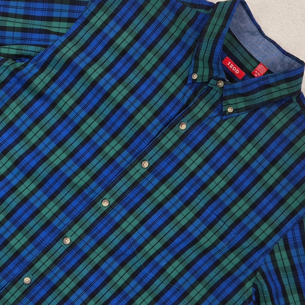 IZOD Mens XL Heritage Tartan Plaid Button‎ Down Shirt Blue Green Cotton Blend